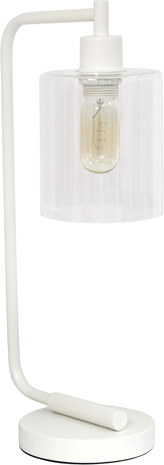 Simple Designs LD1036-WHT Bronson Antique Style Industrial Iron Lantern Desk Bedside Glass Shade Table Lamp, White
