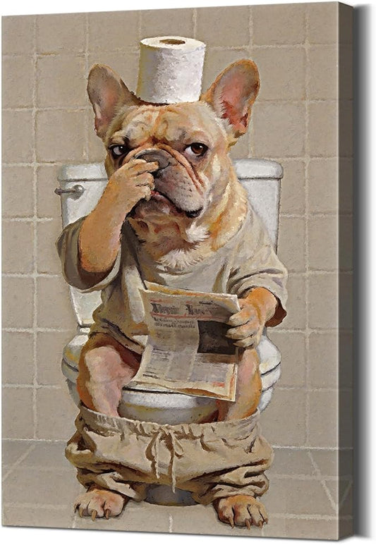 Funny Bathroom Canvas Wall Art French Bulldog Holding Nose Wall Art with Wooden Frame, Lightweight Humor Animals French Bulldog Painting Bathroom Decor for Restroom, Ready to Hang 28x40 Inches