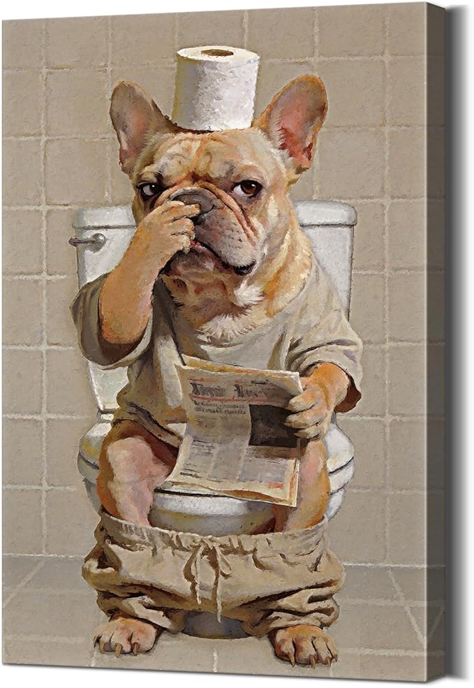 Funny Bathroom Canvas Wall Art French Bulldog Holding Nose Wall Art with Wooden Frame, Lightweight Humor Animals French Bulldog Painting Bathroom Decor for Restroom, Ready to Hang 16x24 Inches