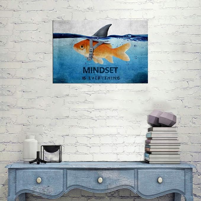 Modern Inspirational Canvas Wall Art Mindset Is Everything Goldfish Painting Artwork Motivational Quotes Office Wall Decor Entrepreneur Posters Ready to Hang for Home Decor - 12''Hx16''W