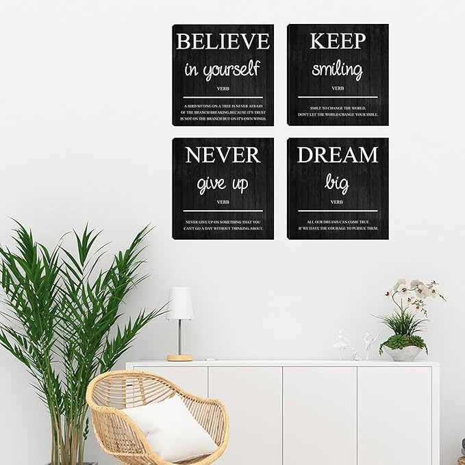 Halioyo Motivational Wall Decor, 4 Pieces Inspirational Wall Art Prints, Motivation Office Positive Quote Posters, Canvas Wall Decor for Home Living Room Classroom (12X12 Inches)