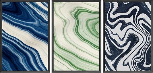 SIGNFORD Framed Wall Art Print Set Blue and Green Marble Swirl Abstract Bold Digital Art Modern Art Contemporary for Living Room, Bedroom, Office - 24"x36"x3 BLACK