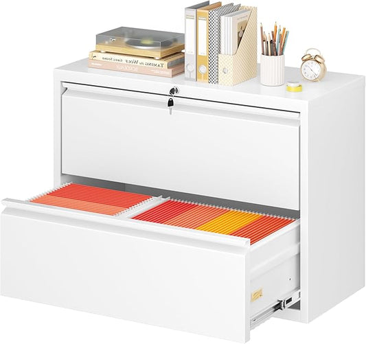 Superday Lateral File Cabinet 2 Drawer Metal File Cabinet with Lock, White Filing Cabinets for Home Office, Locking Filing Cabinets Hanging Files Letter/Legal/F4/A4
