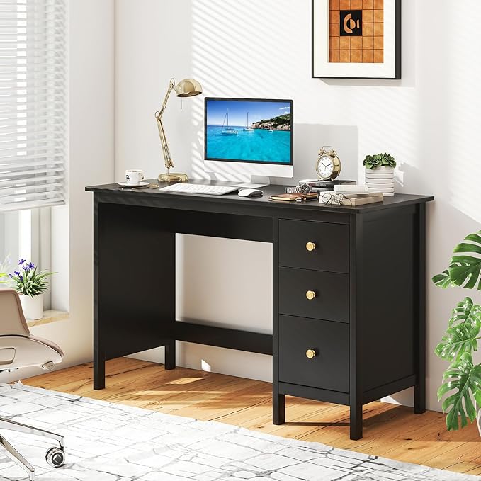 GOFLAME Computer Desk w/ 3 Drawers, 48" Wide Writing Desk with Storage, Laptop Study Desk w/Anti-tip Kit, Modern Home Office Desk, Wooden Workstation, Vanity Table for Study, Office,Black