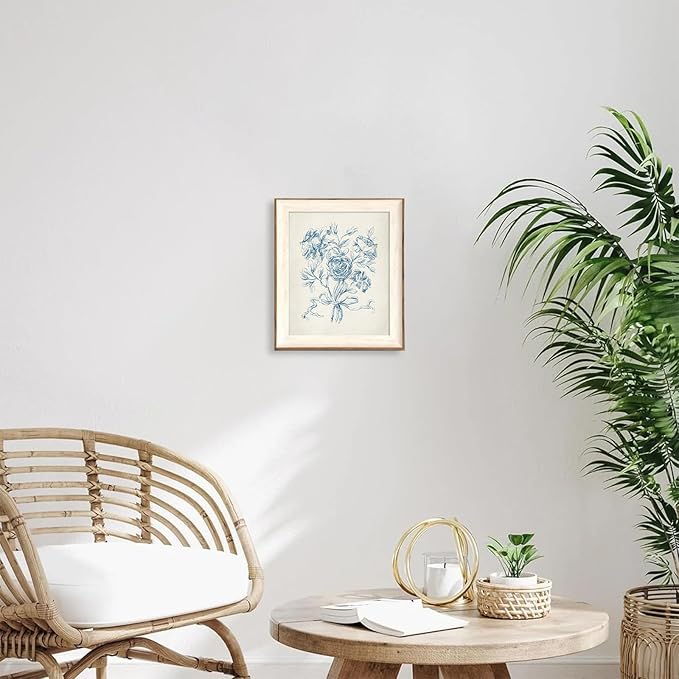 ASTRDECOR Framed Vintage Wall Art for Bathroom, Botanical Blue Wall Art for Home Decor Aesthetic, Victorian Blue Rose Bouquet Sketch Painting Floral Canvas Art Prints, Antique Flower Pictures for Living Room - 10''x12''