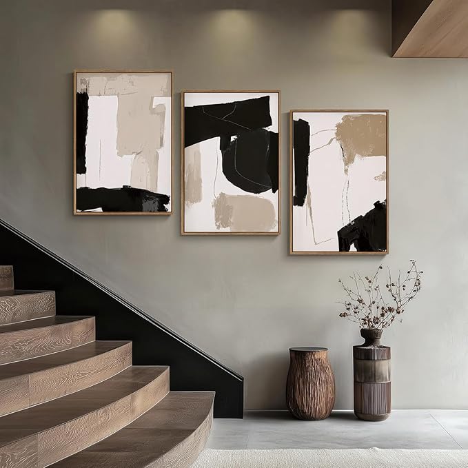 myusuar 3 Piece Large Modern Abstract Canvas Framed Wall Art For Living Room, Black And Beige Blocks Minimalist Wall Art Decor Posters Prints For Bedroom Office, 16x24in
