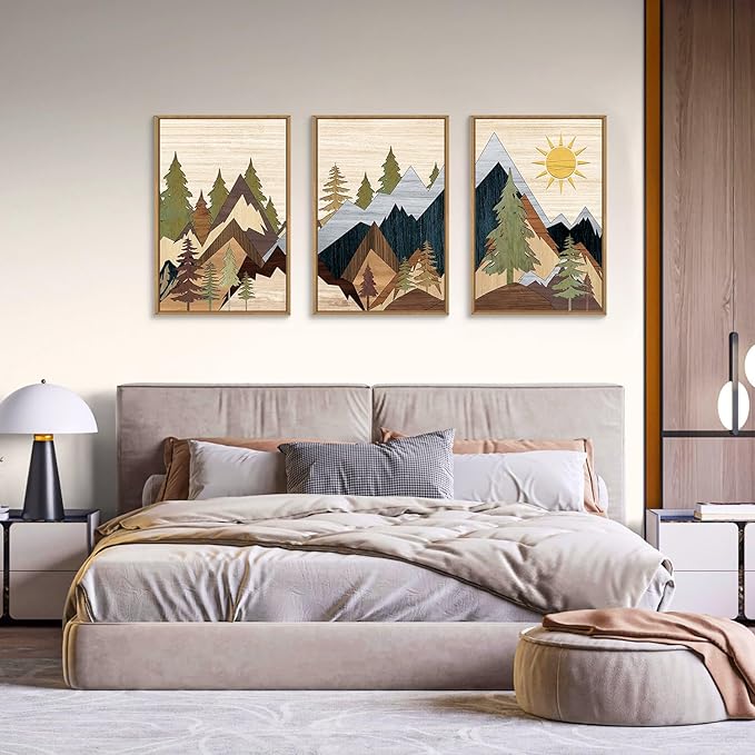 Ausril Mountain Pine Tree Framed Canvas Wall Art Set, Nature Wilderness Illustration Wall Decor, Woodcut Forest Wall Painting, Mid Century Modern Art Print for Living Room Bedroom Office 24"x36"x3