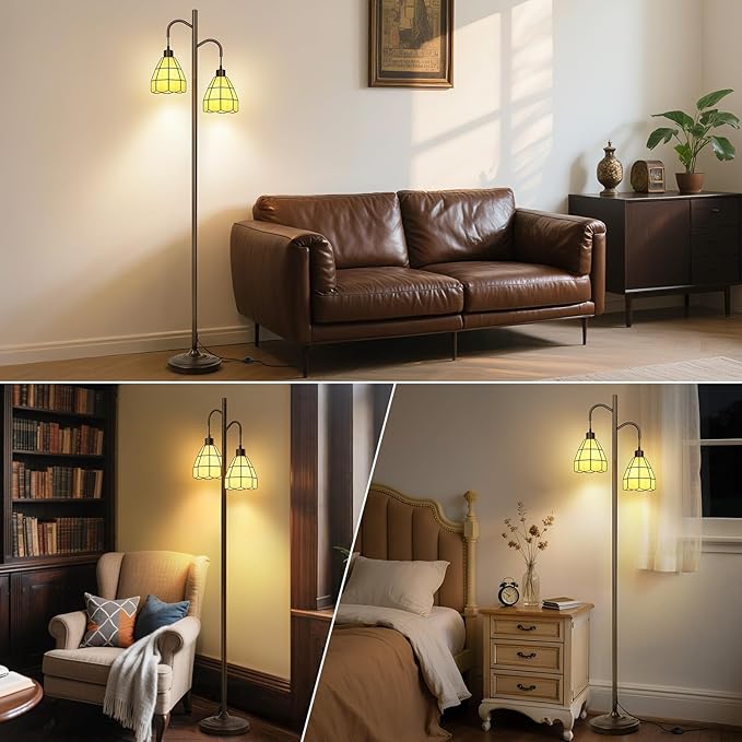 Floor Lamp with Dual Stained Glass Shades, Vintage Style Mid Century Tall Standing Lamp, Modern Farmhouse Decorative Corner Rustic Tree Light for Living Room Bedroom Home Office(E26 Base)