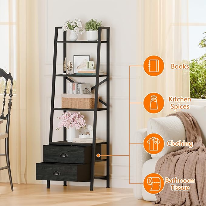 Furologee 4-Tier Ladder Shelf,Small Bookshelf with 2 Drawers,Vertical Bookcase Storage Rack Organizer,Display Bookshelves for Living Room,Bedroom,Bathroom,Home Office,Kitchen,Black Oak