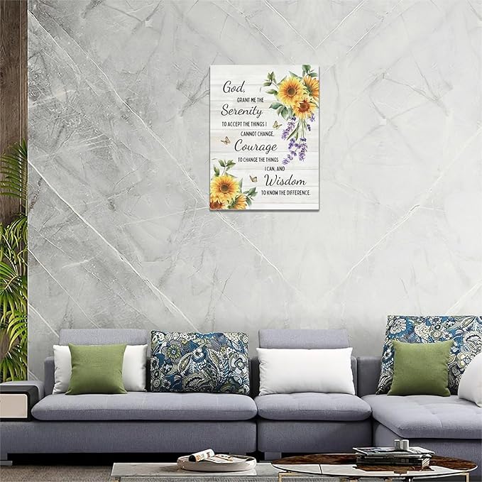 Serenity Prayer Wall Decor Christian Religious Sunflower Pictures Inspirational Bible Verses Scripture Canvas Wall Art God Painting Home Modern Artwork Framed for Living Room Bedroom Office 12x16inch