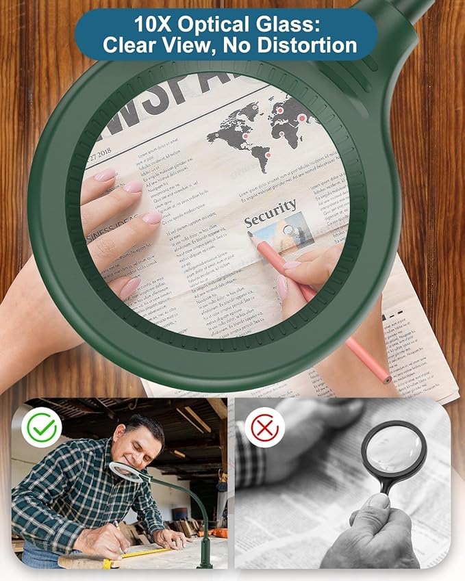 10X Magnifying Glass with Light and Stand, LED 5 Color Modes, Brightness Stepless Dimming Lighted Magnifier Hands Free, Flexible Gooseneck Desk Lamp with Clamp for Close Works, Crafts, Hobby - Green