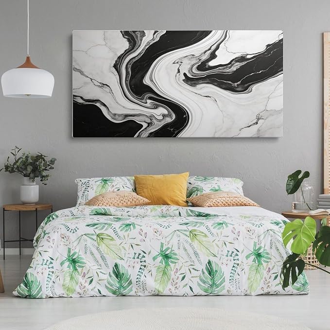 Black White Abstract Marble Framed Canvas Wall Art for Living Room, Modern Wall Decor 48" L x 24" W
