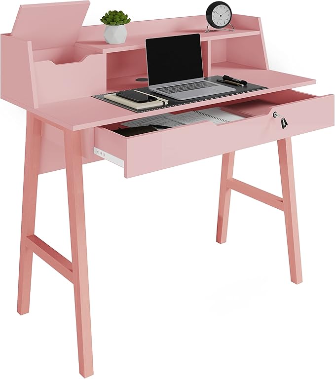 Modern Design Roma Small Desk for Bedroom, 40 inch Pink Writing Desk with Hutch and Locking Drawer, by Crafts and Comfort