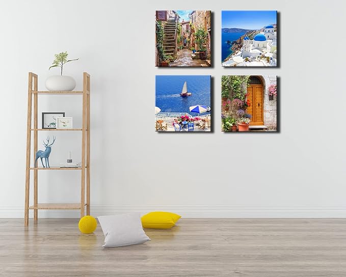 Santorini Greece Canvas Wall Art, Nature Landscape Pictures Print Rustic Scenic Paintings for Bedroom Living Room Office, Wall Decor Modern Artwork