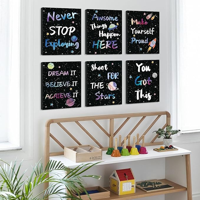 CHDITB Outer Space Framed Canvas Wall Art, Universe Theme Artwork, Inspirational Quote Wall Decor, Stellar Sky Poster, Galaxy Universe Art Prints For Kids Room, Boy Bedroom Classroom Decor(8X10 Inch)