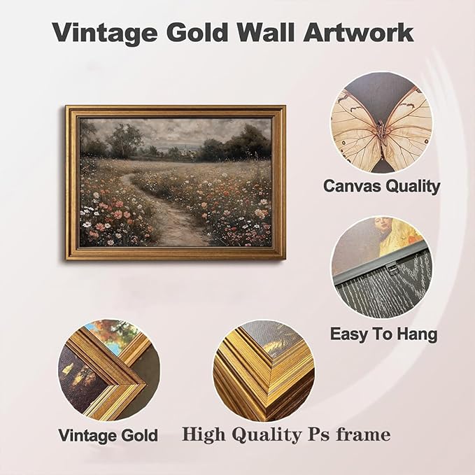 Gold Framed Wall Art Vintage Canvas Wall Art Flowers Path Wildflower Floral Artwork Prints Picture for Living Room Bedroom Farmhouse Bathroom Office Decor, 16x24