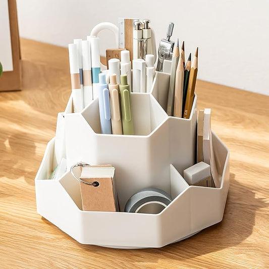 INSTOME Desktop Organizer with Pencil Holders,360°Rotating Pen Holder for Desk Organizer,9 Compartments and Makeup Brush Holders,Multifunctional Office Supplies for Home,Teachers and School