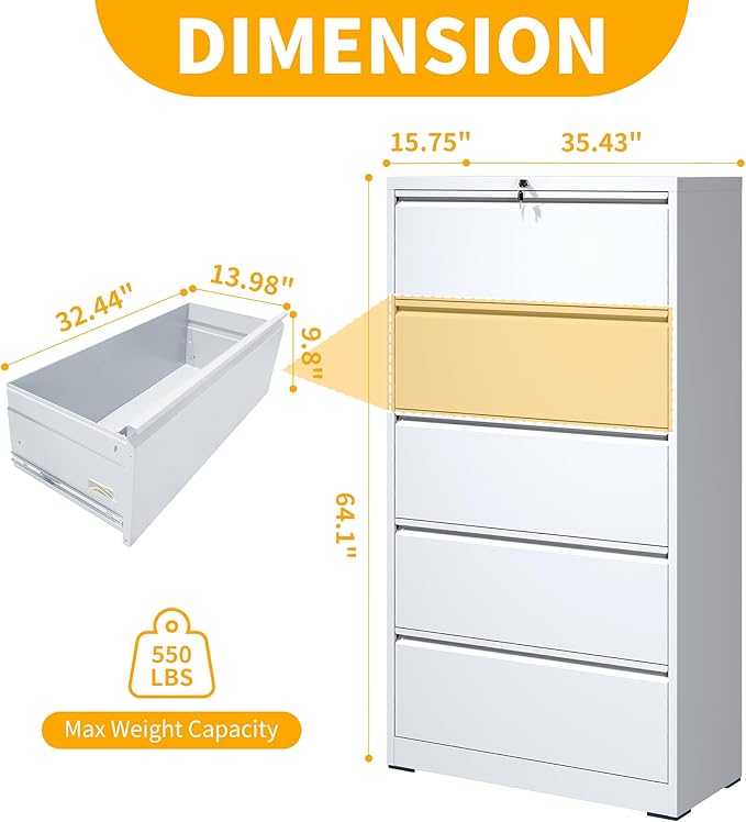 File Cabinet with Lock, 5 Drawer Lateral Filing Cabinet for Home Office, Metal Heavy Duty File Cabinets for Hanging Letter/Legal/F4/A4 Size Files, Assembly Required (White)