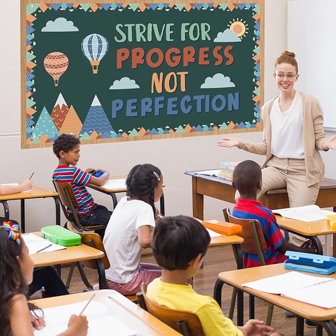 gisgfim Motivational Bulletin Board Decorations Strive for Progress Not Perfection Paper Cutouts Mountain Hot Air Balloon Bulletin Board Set for Back to School Classroom Chalkboard Wall Decor Supplies