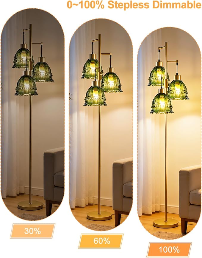 Lightdot 3-Lights Glass Floor Lamp Dimmable Gold Floor Lamp with Green Glass Shade 3000K Bulbs Included Unique Modern Standing Tall Lamp for Living Room/Bedroom/Sofa Beside/Corner Decor