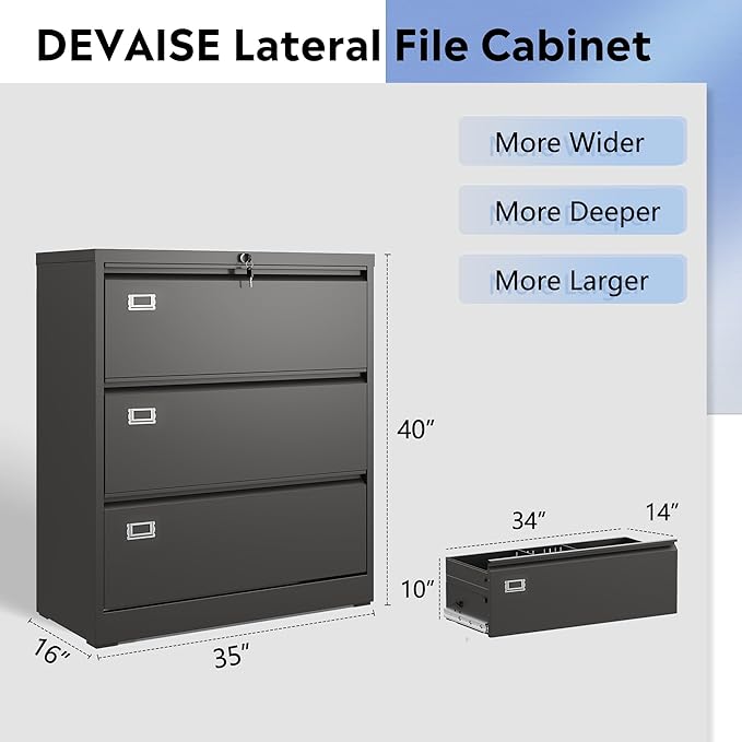 DEVAISE 3 Drawer Metal File Cabinet, Wide Lateral Filing Cabinet with Lock for Home Office Organization Hanging Files Letter/Legal/F4/A4 Size (Black, Assembly Required)