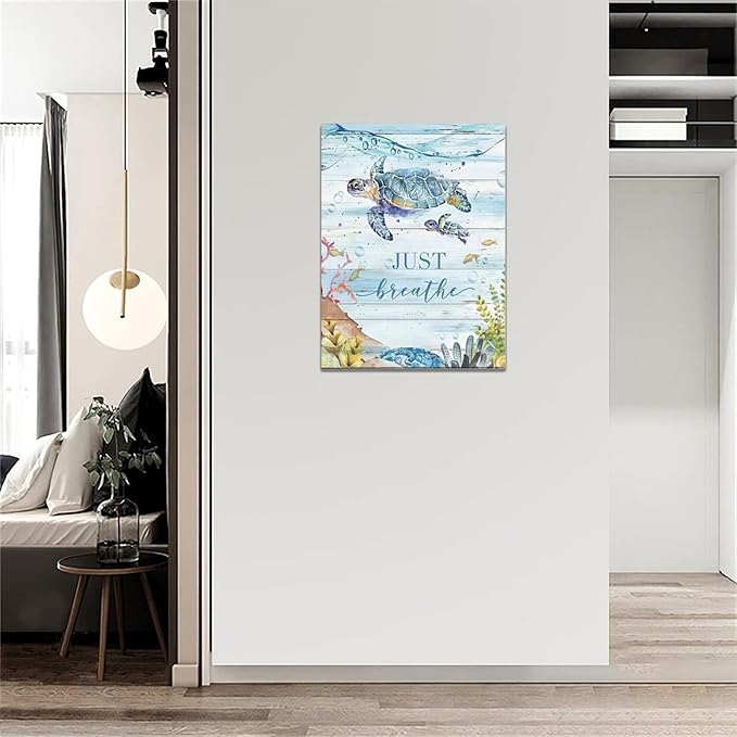 yerretin Nautical Sea Turtle Wall Art Ocean Just Breathe Pictures Wall Decor Beach Canvas Painting Modern Artwork Home Decoration for Bathroom Living Room Bedroom Office Framed 12"x16"