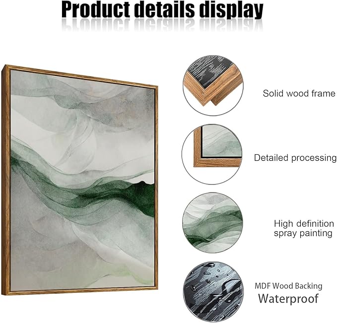 myusuar 3 Piece Large Abstract Framed Wall Art For Living Room, Smoke Texture Ink Teal Soft Green Canvas Wall Art Modern Minimalist Art Prints Wall Décor For Bedroom Office 16x24in