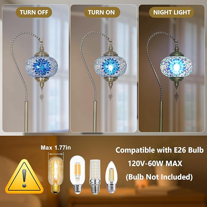 Turkish Moroccan Floor Lamp, Tiffany Lamp with Handmade Mosaic Glass Shade, Bronze Base, Swan Neck Tall Standing Lamps for Living Room Bedroom Corner Light Home Decor, Blue