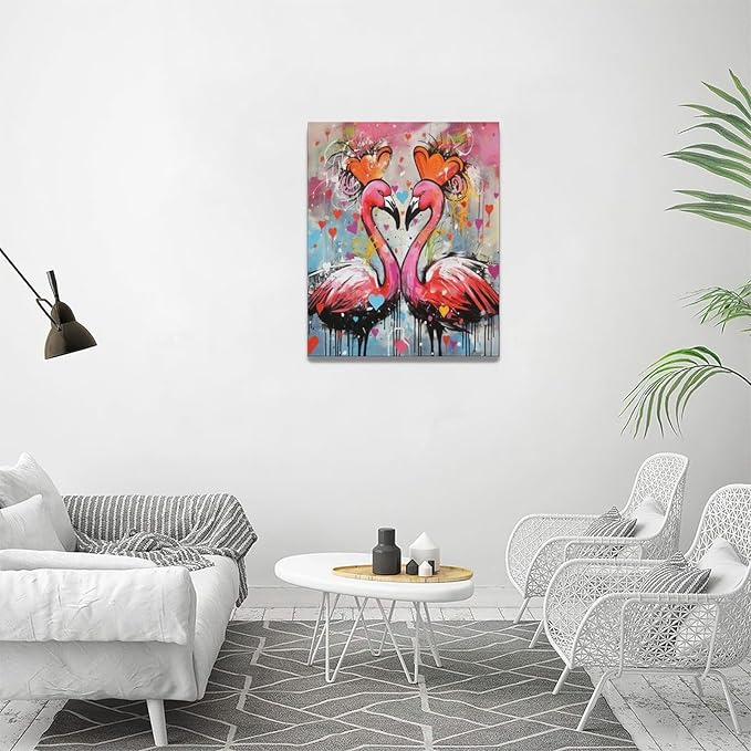 yerretin Flamingo Wall Art Banksy Graffiti Pictures Wall Decor Pink Canvas Painting Modern Home Decoration Artwork for Bathroom Bedroom Living Room Office Framed 16"x20"