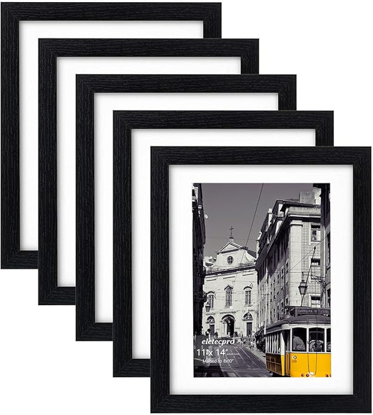 eletecpro 11x14 Picture Frames Set of 5 with Clear Acrylic Cover, Gallery Wall Decor, Displays 8x10 Photos with Mat or 11x14 Without, Horizontal or Vertical Wall Mount, Black