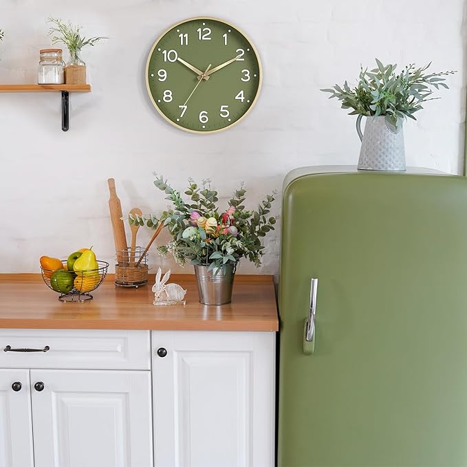Wall Clock 12 Inch Silent Green Wall Clocks Battery Operated- Modern Non Ticking Analog Clock Decorative for Living Room Bedroom Office Kitchen(Gold)