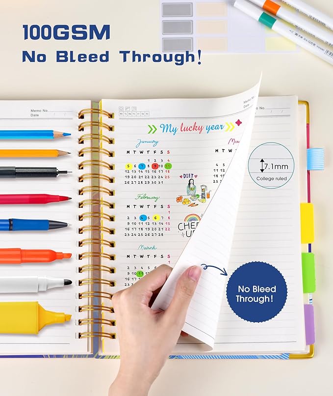 Hardcover Spiral Notebook Journal with Removable Dividers Tabs, 300 Pages 5 Subject Notebook College Ruled, 100GMS Notebooks for Work School Note Taking,Lined Journal for Women,Colorful Feather