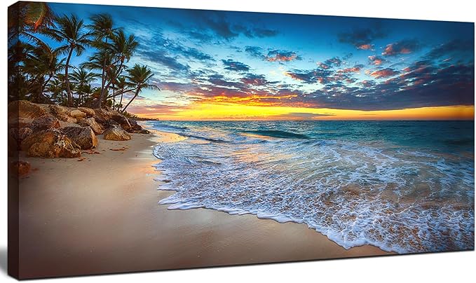 Large Sunset Beach Canvas Wall Art for Living Room Coastal Painting Wall Decor Seascape Picture Nature Ocean Artwork Poster Print for Office Bedroom Decoration 24"x48"