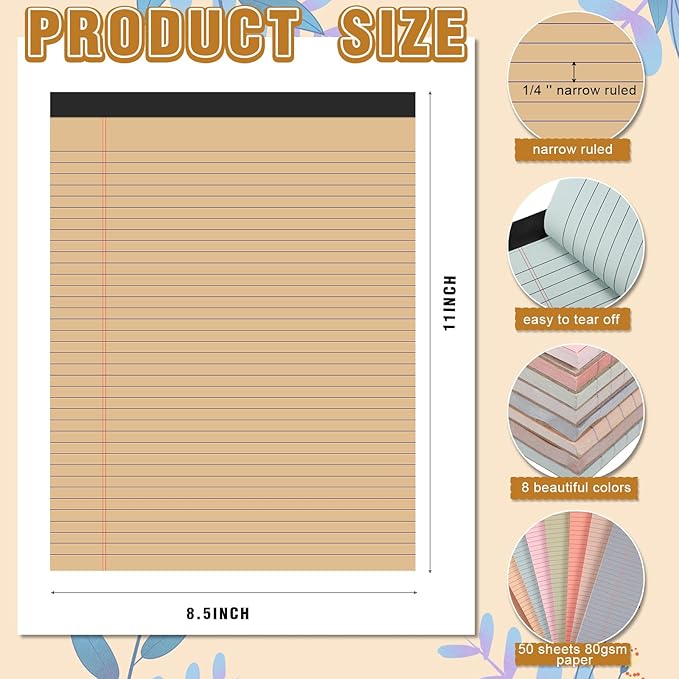Fuutreo 8 Pcs 8.5'' x 11'' Colored Legal Pad 50 Sheets Per Writing Pads Narrow Ruled Notepad Perforated Writing Notepad Office Supplies for College Office Business (Advanced Grey)