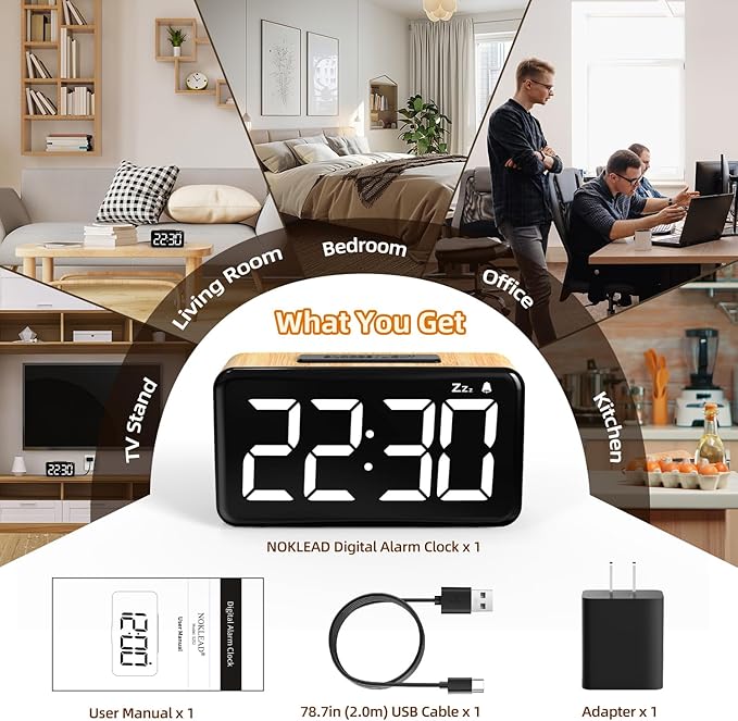 NOKLEAD Digital Alarm Clock for Bedroom: 5.9 inch Large LED Display, 9-Mins Snooze, 2 Volume Levels, 5 Brightness, 12/24H, Adapter Powered, Easy to Use for Adults and Seniors (Light Wood Grain)