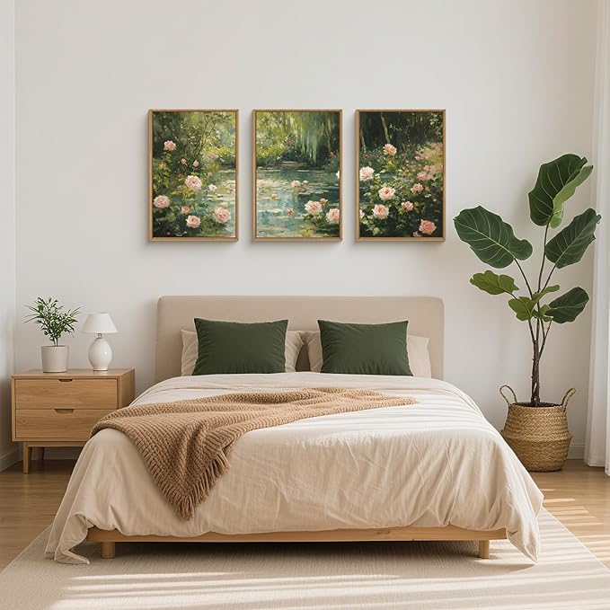 Aryroi Water Lilies Monet Framed Canvas Wall Art Set,Garden Pond Impressionist Floral Wall Decor,Vintage Oil Green Vibrant Flower Botanical Artwork for Living Room, Bedroom,Farmhouse- 24"x36"x3