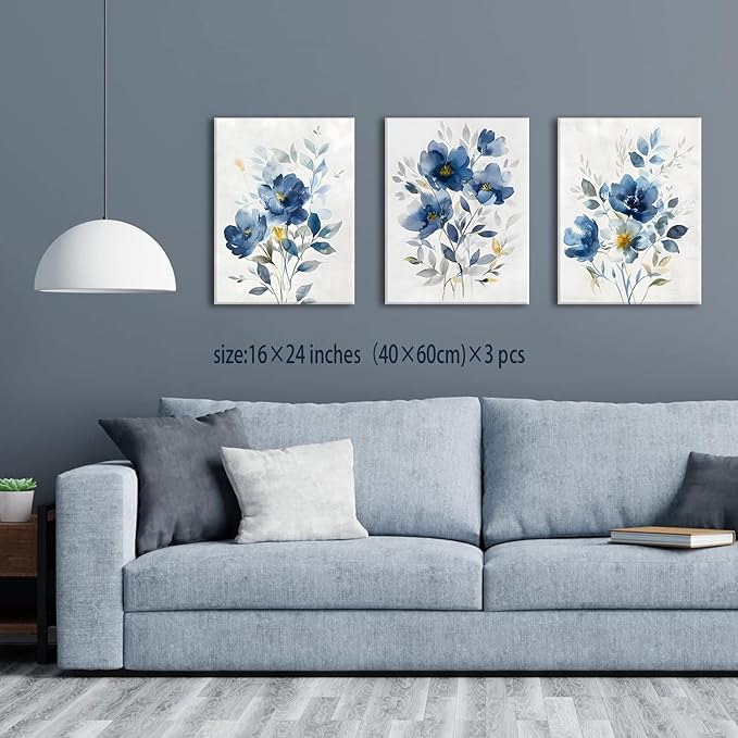KISSFOX Framed Colorful Wildflower Blue Canvas Wall Art Set Of 3 Flowers Pictures Prints Flowers Printing Floral Watercolors Flower wall Decor Living Room Girls Bedroom Bathroom