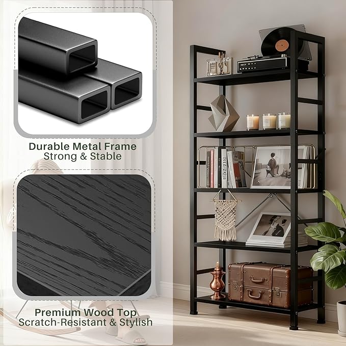 5 Tier Bookshelf, Free Standing Wooden Bookcase with Open Storage Shelves with Metal Frame, Sturdy Shelf Organization Display Rack for Living Room, Bedroom, Home Office, 62.2" Tall, Black