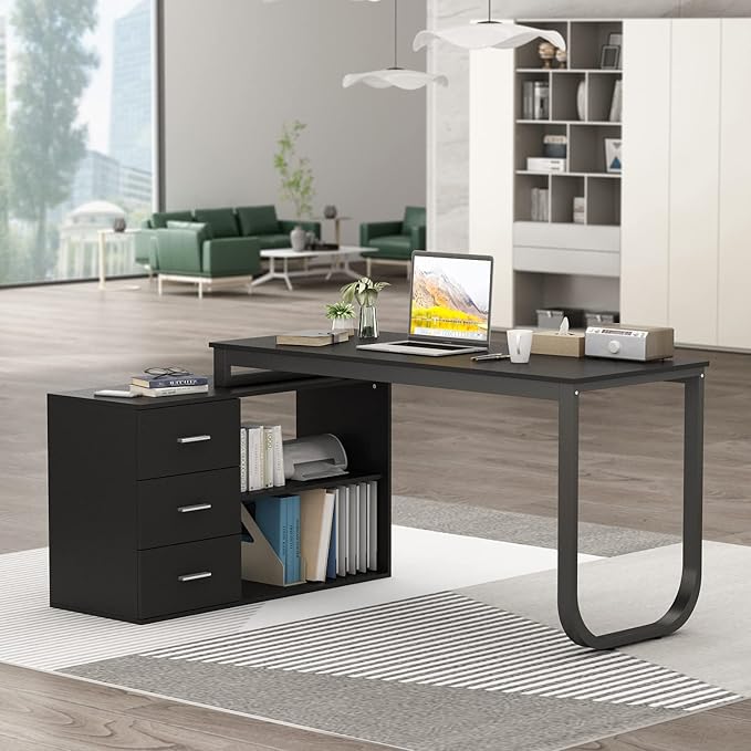 FUFU&GAGA 55.1" Large L-Shaped Office Desk with 41.3" File Cabinet, Corner Computer Desk with 3 Drawers & 2 Shelves, Workstation Executive Desk with Storage Shelf for Home Office - Black