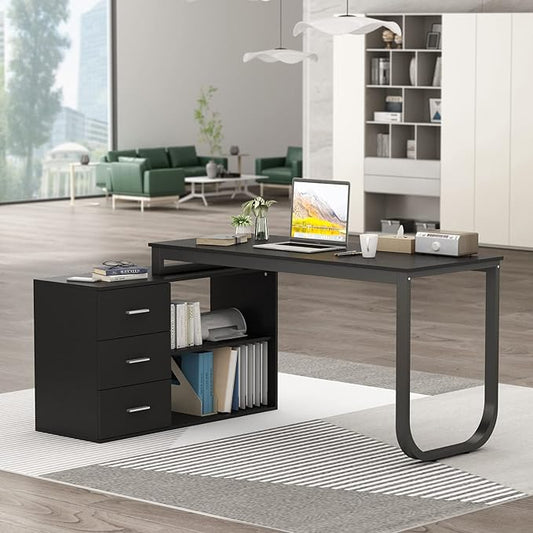 FUFU&GAGA 55.1" Large L-Shaped Office Desk with 41.3" File Cabinet, Corner Computer Desk with 3 Drawers & 2 Shelves, Workstation Executive Desk with Storage Shelf for Home Office - Black