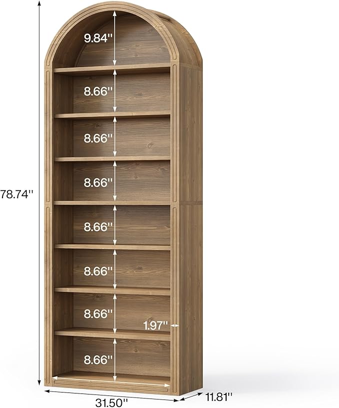 LITTLE TREE 8-Tier Bookcase, 78.7" Tall Bookshelf with Arched Top, Large Freestanding Wooden Open Bookcase Bookshelf, Modern Display Book Shelf for Living Room, Bedroom, Office, Library, Vintage Brown