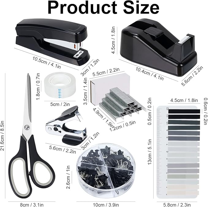 Buqoo Black Office Supplies Set,Black Office Desk Accessories,Desk Drawer Organizer,Stapler and Tape Dispenser Set,Tape,Staple Remover, Staples, Paper Clips, Scissor and Sticky Note