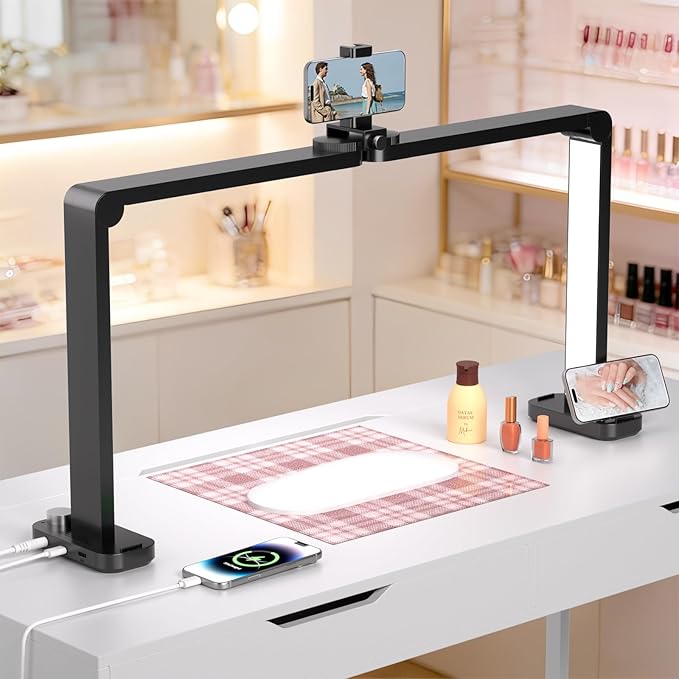 Half Moon Light for Nail Desk with Phone Holder, Large Square Nail Lamp for Desk, Professional Manicurist Desktop Lamp, LED Light Suitable for Manicures, Tattoos, and Sewing, Black