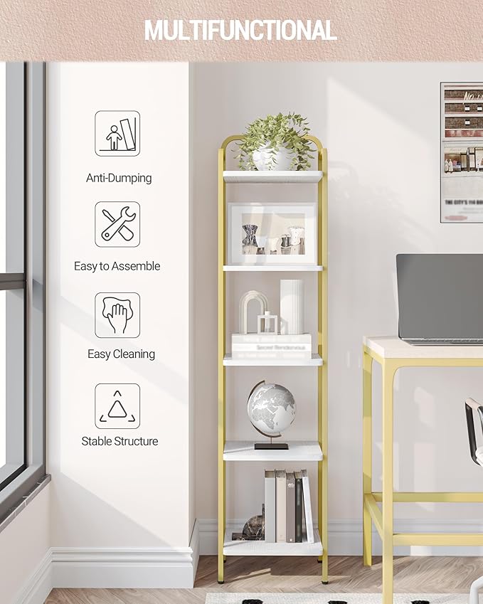 Bookcase Bookshelf, Narrow Book Shelf, Industrial Corner Shelf Storage Organizer, Slim Shelving Unit for Home Office, Living Room, Bedroom, Kitchen, 5-Tier White Gold BC24513G