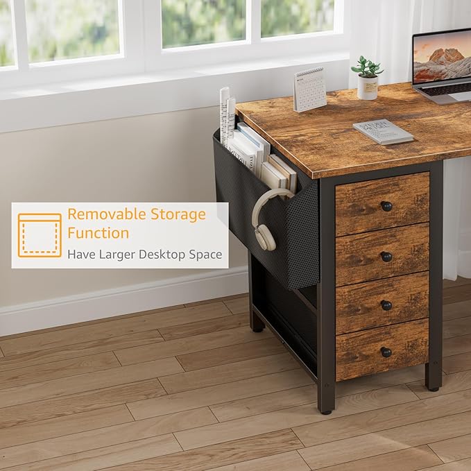 DLisiting L Shaped Computer Desk with Drawers - 47 Inch Corner Office Reversible Desk with Storage Shelves Power Outlet, Home Office Desks L-Shaped with Fabric Drawer for Teen Girls, Rustic Brown