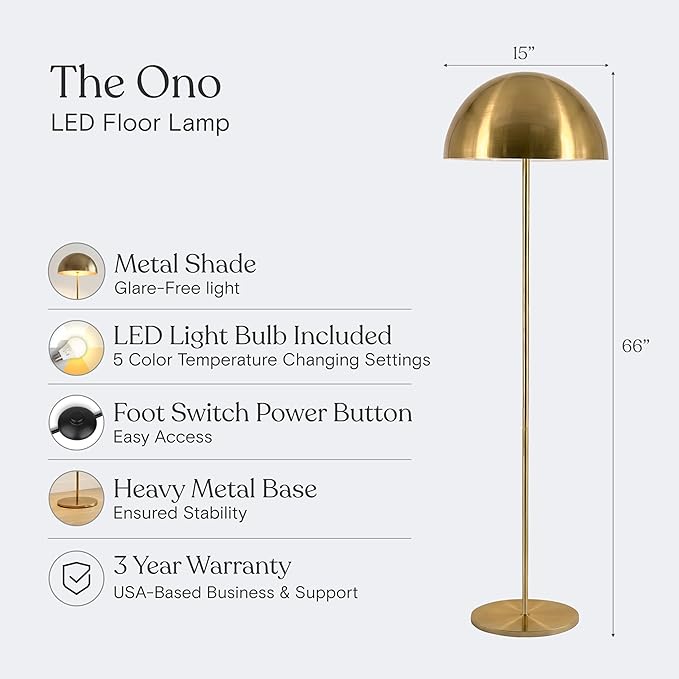 Brightech ONO Mushroom Floor Lamp - Modern LED Standing Lamp for Living Room, Bedroom - Color Changing LED Bulb, Metal Dome Lamp Shade - Contemporary Metallic Sculptural Design - Brass