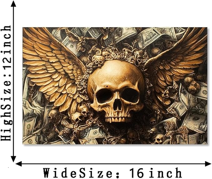 Money Wall Art Winged Skull and Dollar Posters Wall Decor Gothic Abstract Dark Canvas Print Artwork Suitable for Home Office Living Room Decor Ready to Hang 12X16inch