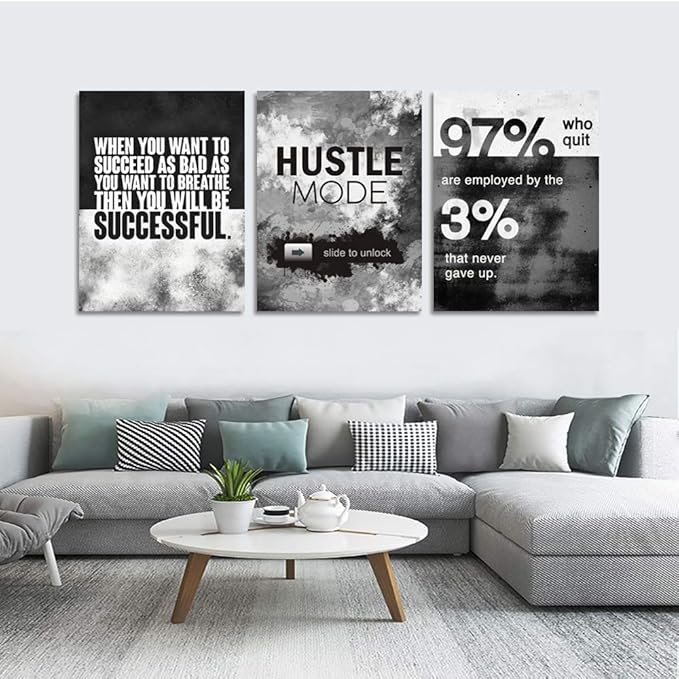 Motivational Office Wall Decor, Inspirational Canvas Wall Art, 3 Pieces Hustle Posters Prints Entrepreneur Success Quote Wall Decor for Lobby Meeting Room Hallway Living Room(48”Wx24”H)