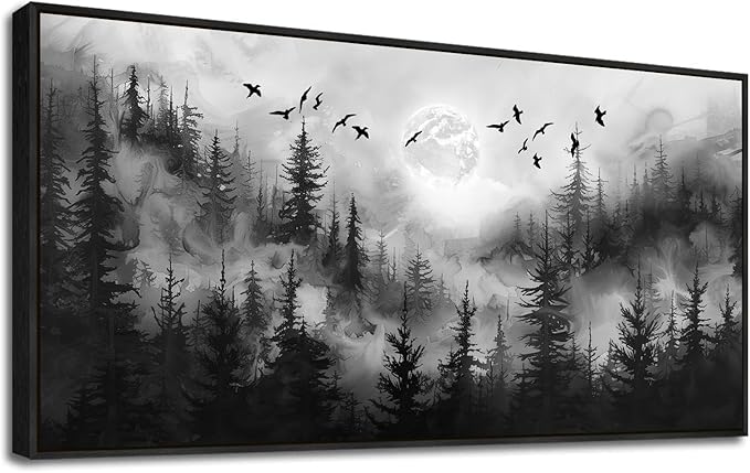 hyidecorart Forest Tree Painting for Living Room Landscape Wall Art Canvas Prints Natural Scenery Black and White Pictures Home Decor Bedroom Kitchen Office Large Wall Decor Black Framed Artwork