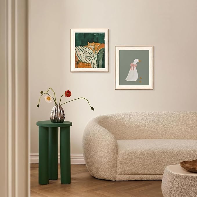 ASTRDECOR Minimalist Framed Wall Art - Cozy Cat Sleeping on Couch with Vintage Green & White Striped Blanket, Trendy Cute Orange Cat Canvas Posters, Modern Aesthetic Bedroom Apartment or Living Room Décor 10x12Inch